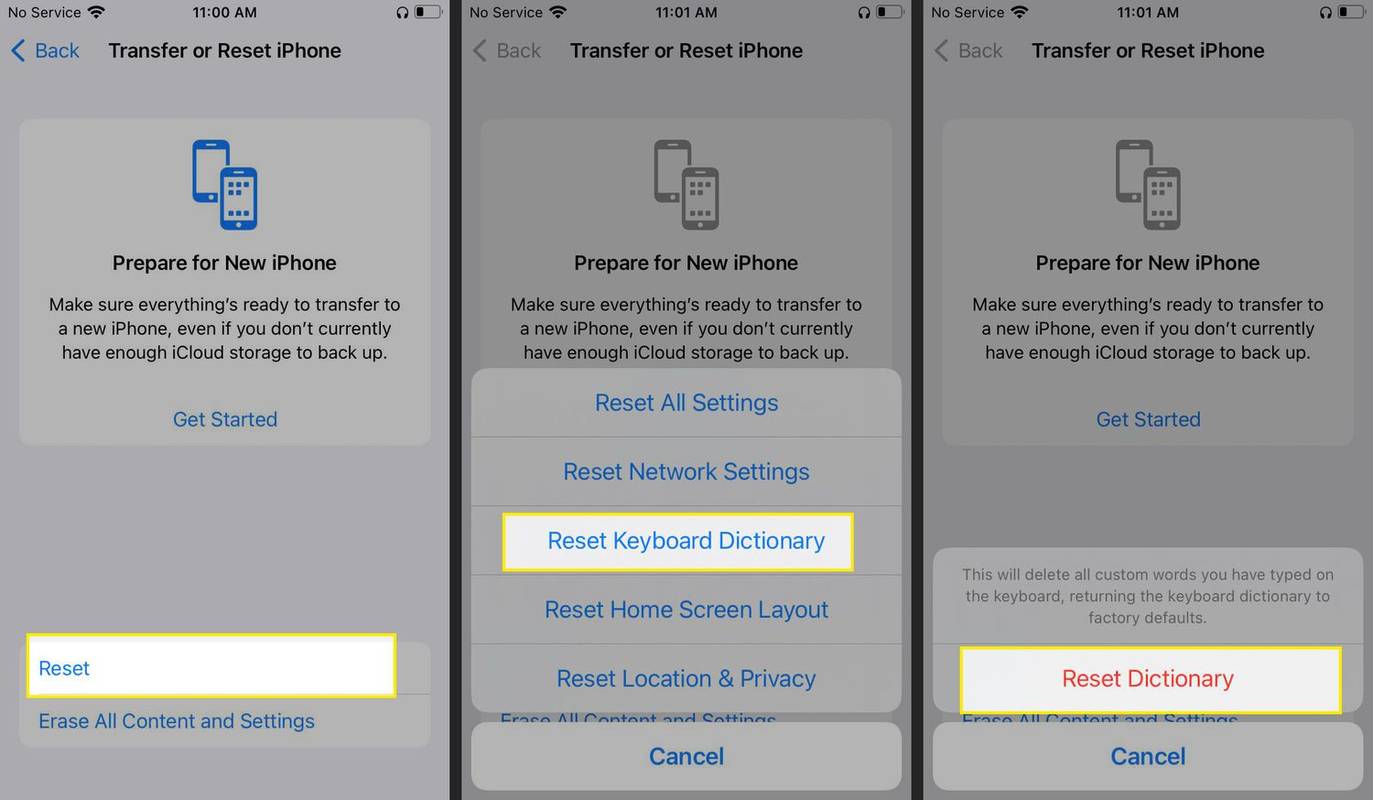 Obnovení nastavení iPhone se zvýrazněnými položkami Reset, Reset Keyboard Dictionary a Reset Dictionary