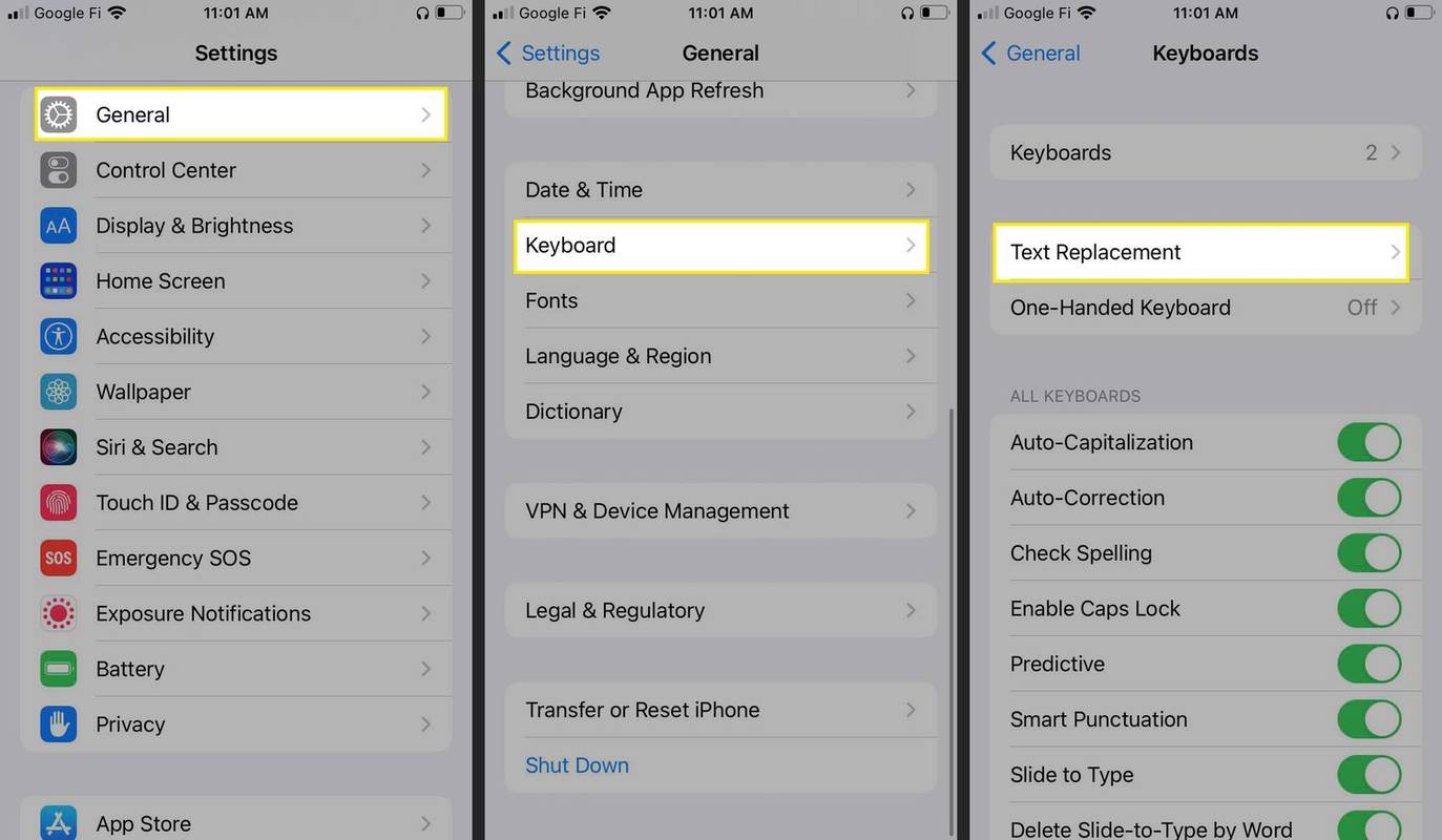 iPhone-innstillinger med Generelt, tastatur og teksterstatning uthevet