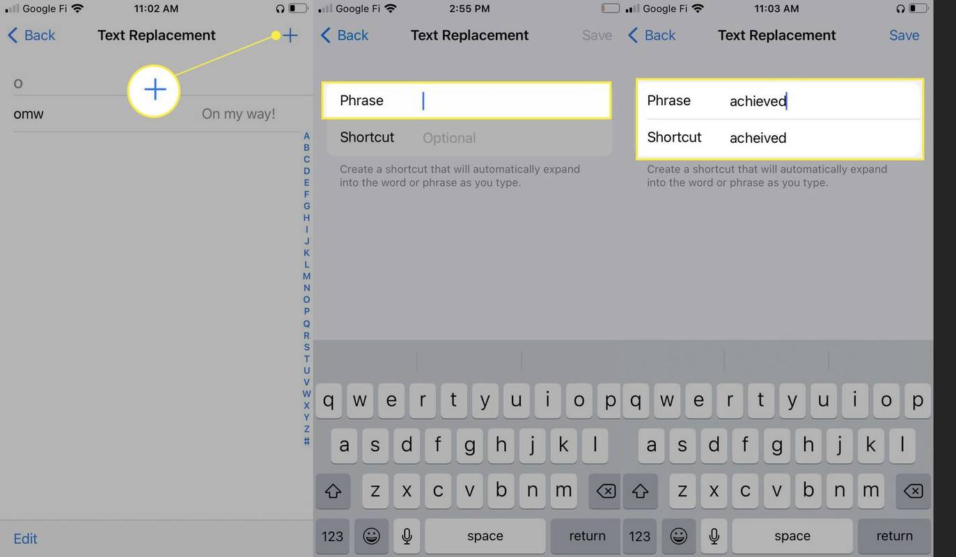 Teksterstatning iPhone-indstillinger med plustegn, sætning og genvej fremhævet