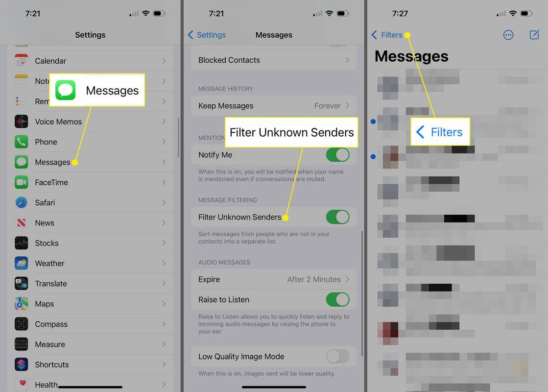 Správy, Filtrovať neznámych odosielateľov a Filtre zvýraznené v správach pre iPhone