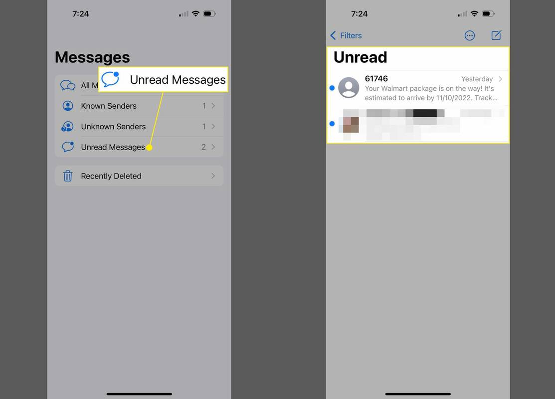 Lukemattomat viestit ja lukemattomat tekstit korostettuina iPhone-viesteissä