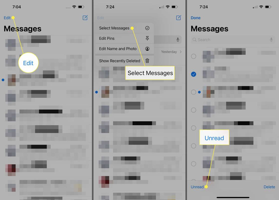 I-edit, Piliin ang Mga Mensahe, at Hindi Nabasa na naka-highlight sa iPhone Message
