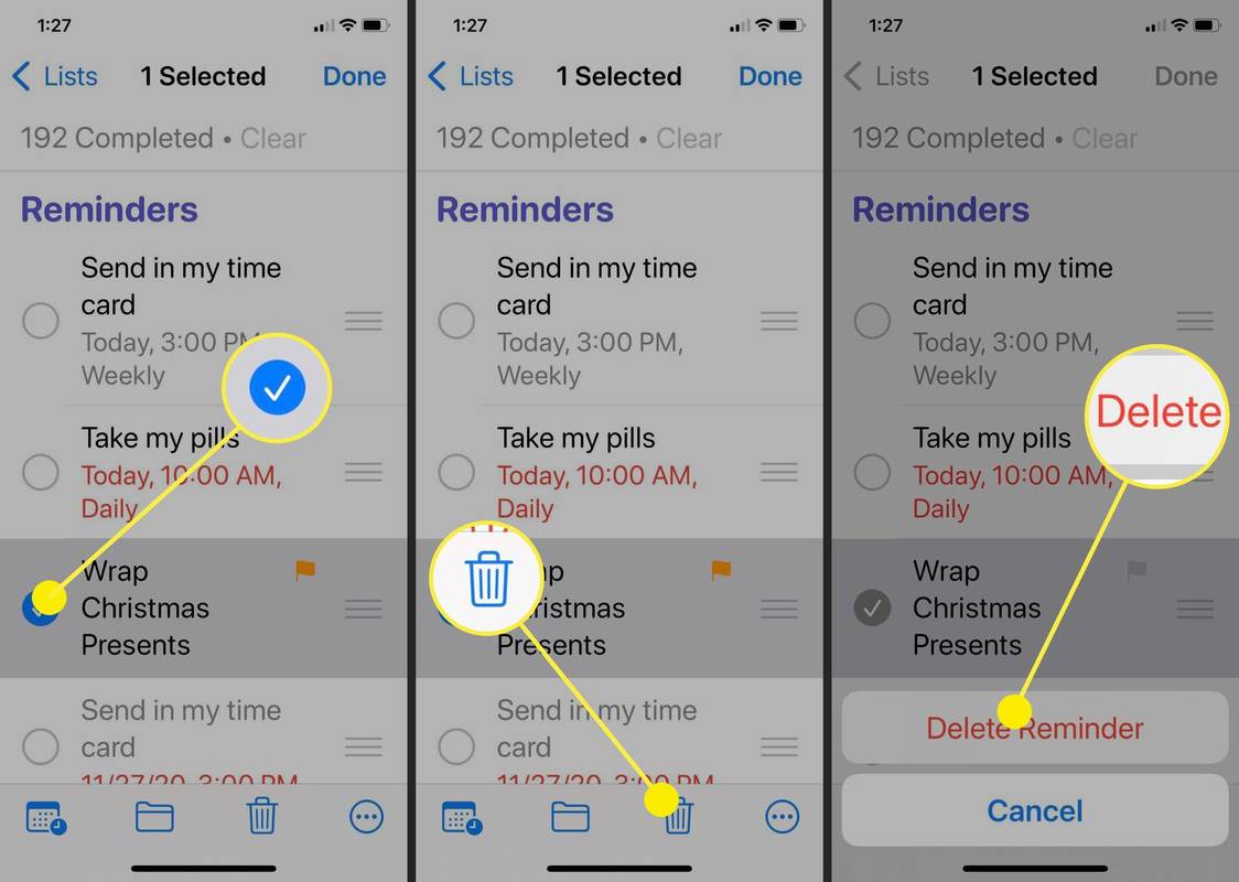 Snímky obrazovky ukazující, jak odstranit připomenutí v aplikaci iPhone Reminders.