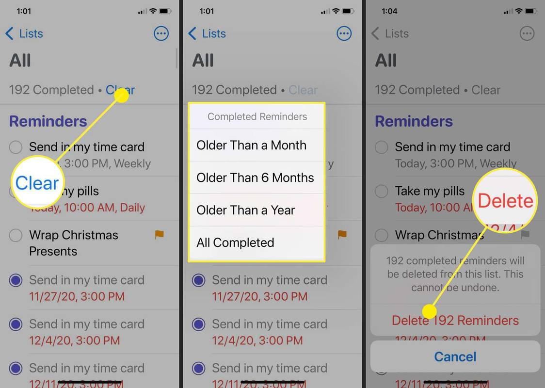 Capturas de pantalla que muestran cómo eliminar Recordatorios completados en iOS 15.