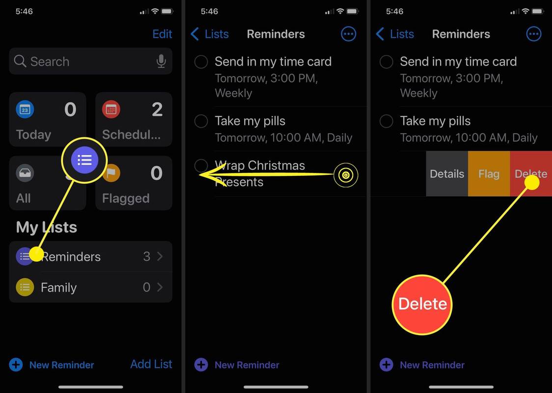 Capturas de pantalla que muestran cómo eliminar un solo recordatorio en iPhone.