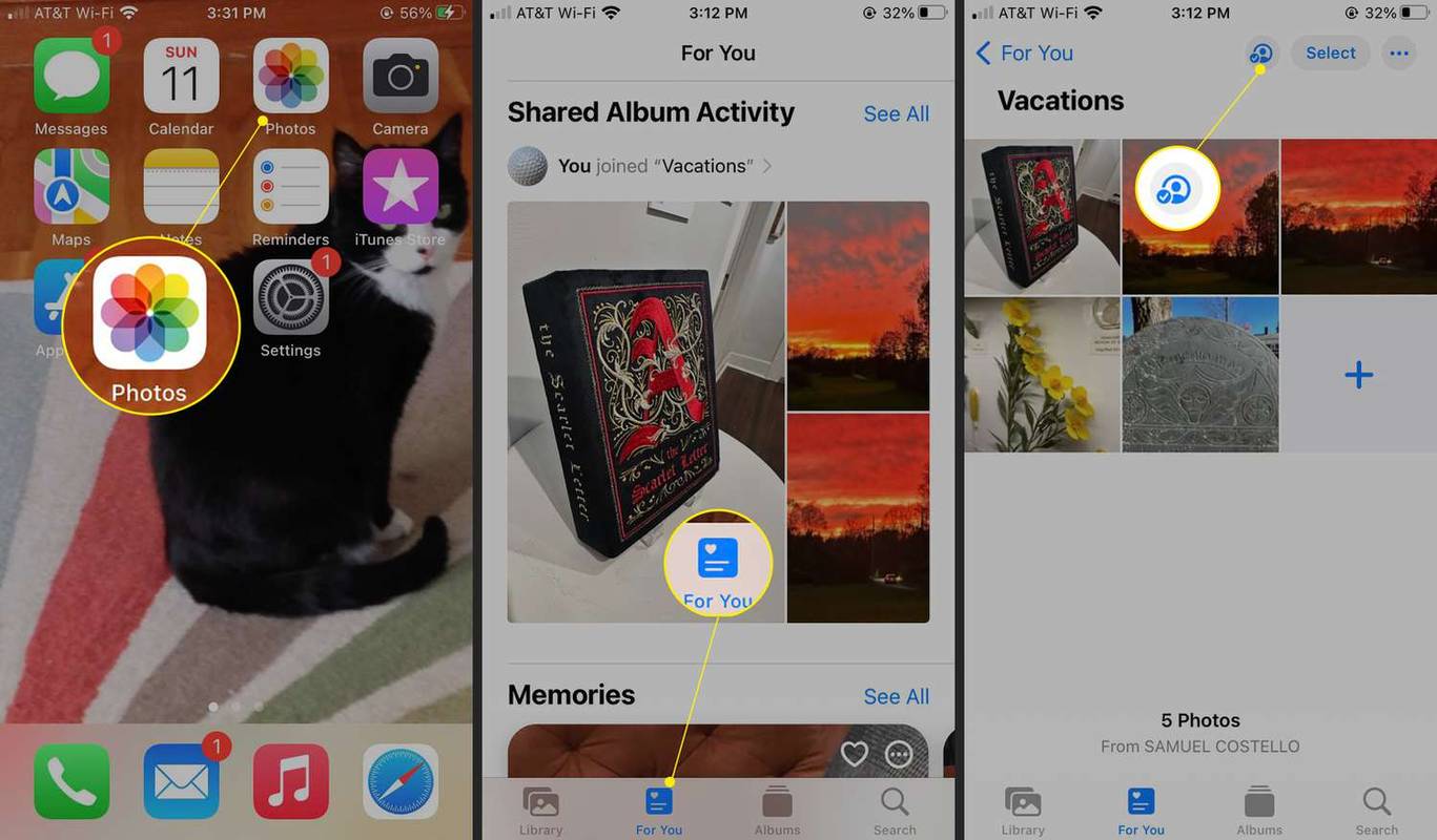 iPhone с подчертано приложение за снимки, For You и икона на човек