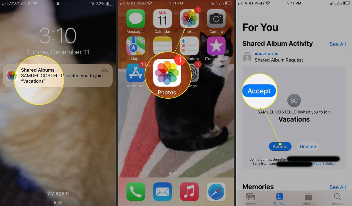 iPhone med fotoalbumvarsling, merke og godta uthevet