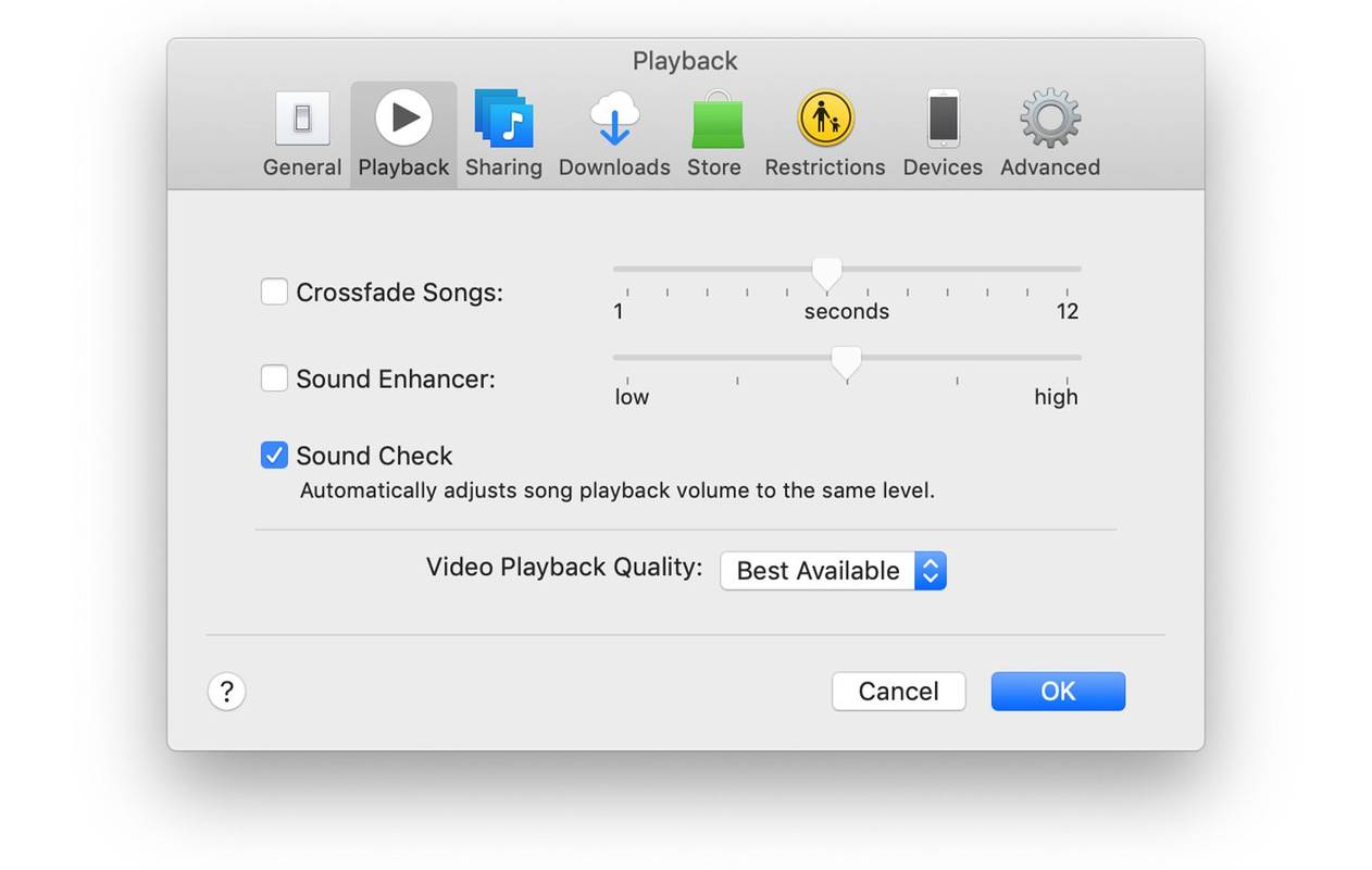 Bildschirm mit den Wiedergabeeinstellungen mit der Option „Sound Check“.