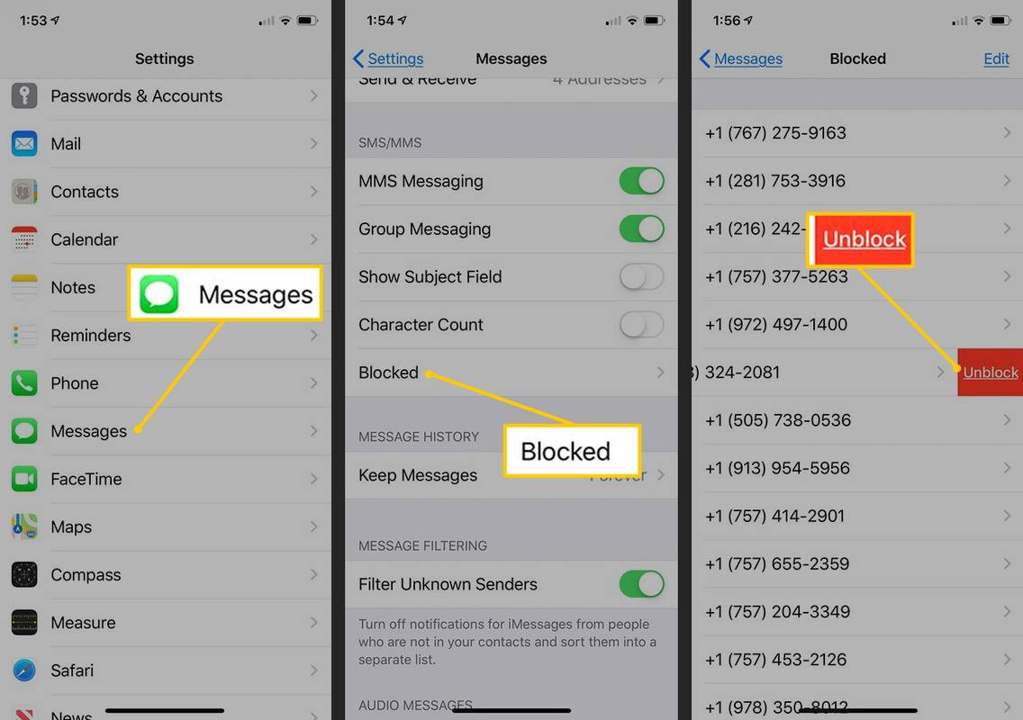 Tlačítka Zprávy, Blokováno, Odblokovat v Nastavení iOS