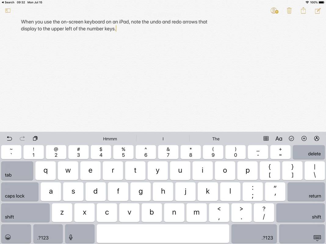 لقطة شاشة لجهاز iPad: لاحظ رمز التراجع في الجزء العلوي الأيسر، أعلى صف الأرقام مباشرة