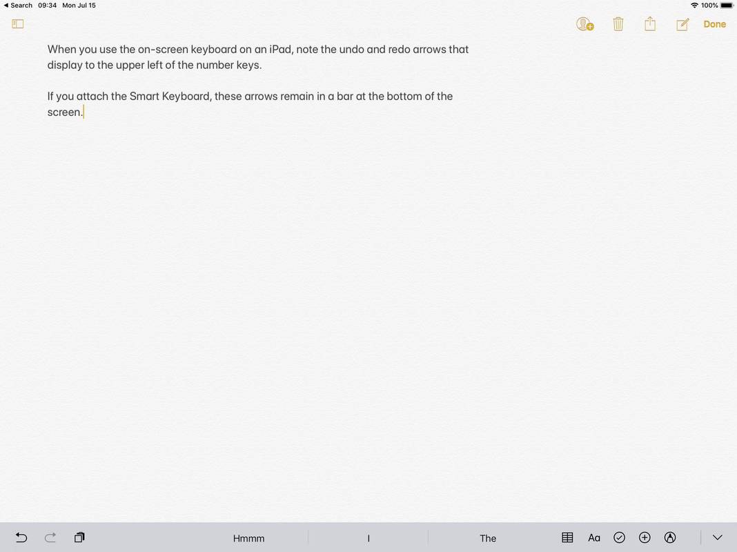 Posnetek zaslona iPad: Ko je pametna tipkovnica priključena, ikona za razveljavitev ostane vidna v Notesu v spodnjem levem kotu