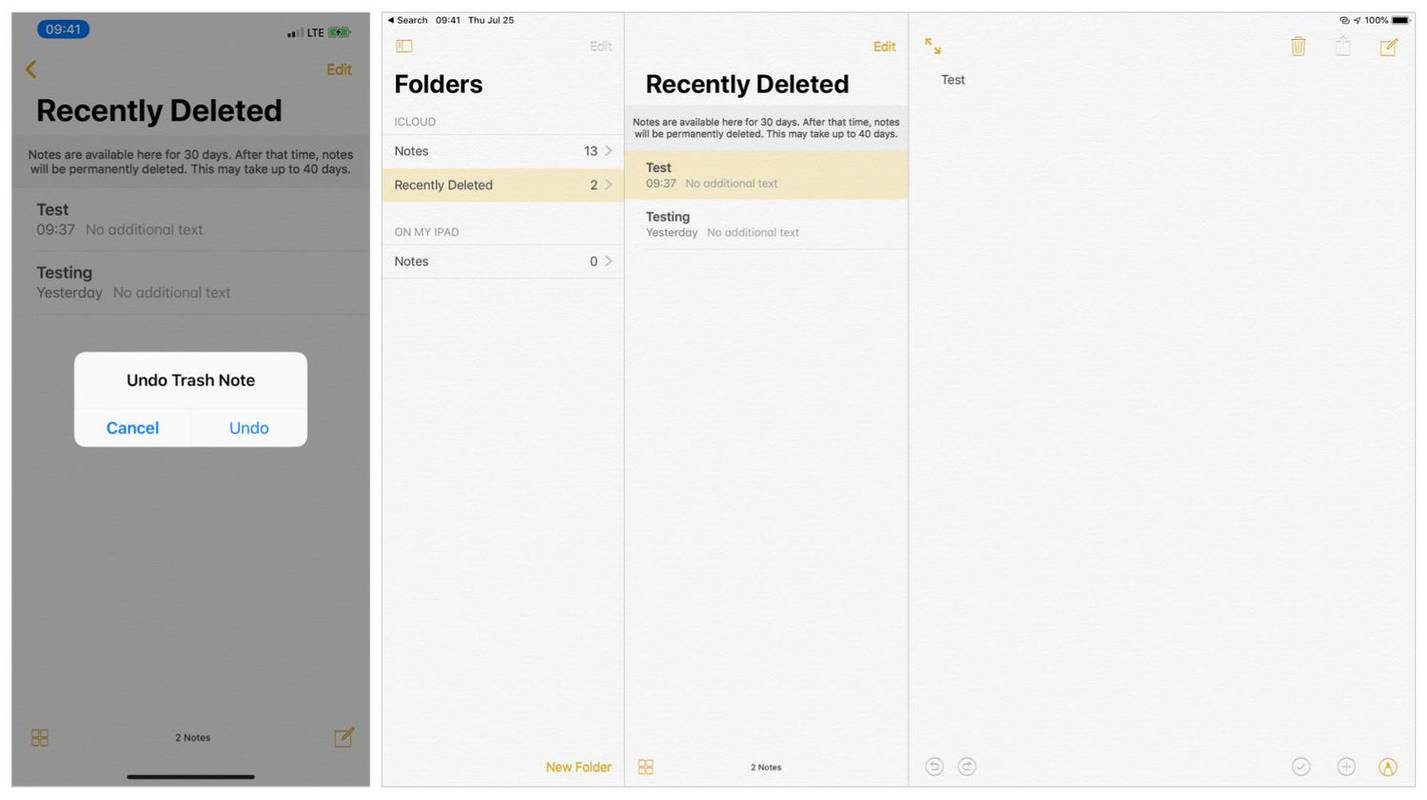 Dve snímky obrazovky: (vľavo) iPhone potrasením vráti späť vymazanú poznámku o akcii, (vpravo) štruktúra iPad Notes, ktorá zobrazuje priečinok Naposledy odstránené.