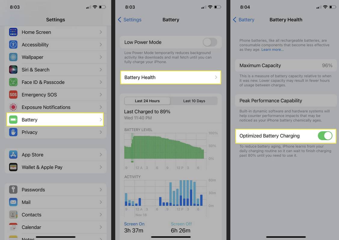 iPhone-inställningar med batteri, batterihälsa och optimerad batteriladdning markerad