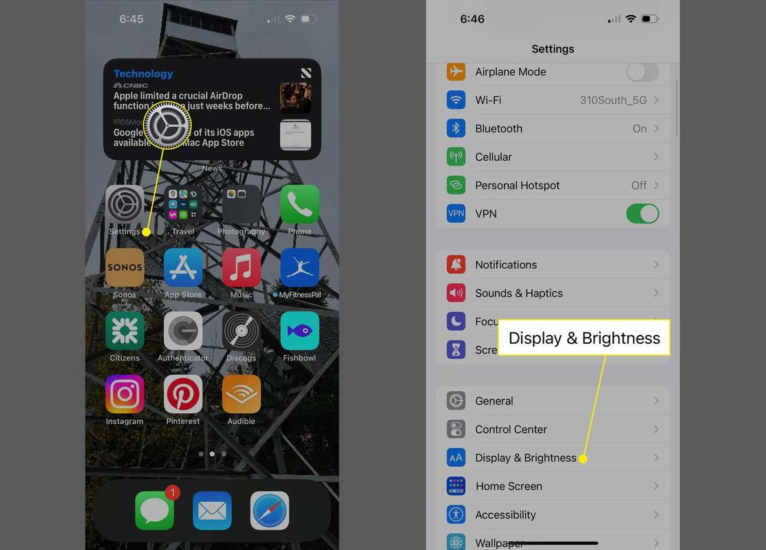Innstillinger-appen og Skjerm og lysstyrke uthevet i iPhone-innstillingene