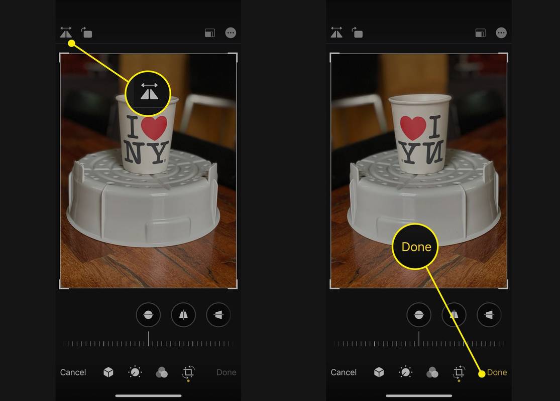 Vänd och Klar-knappar i iOS Photos-appen