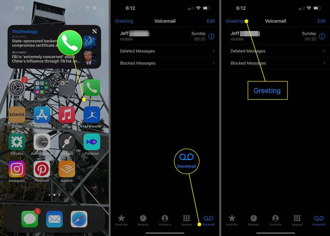 Aplikácia Telefón, hlasová schránka a pozdrav sú zvýraznené na iPhone