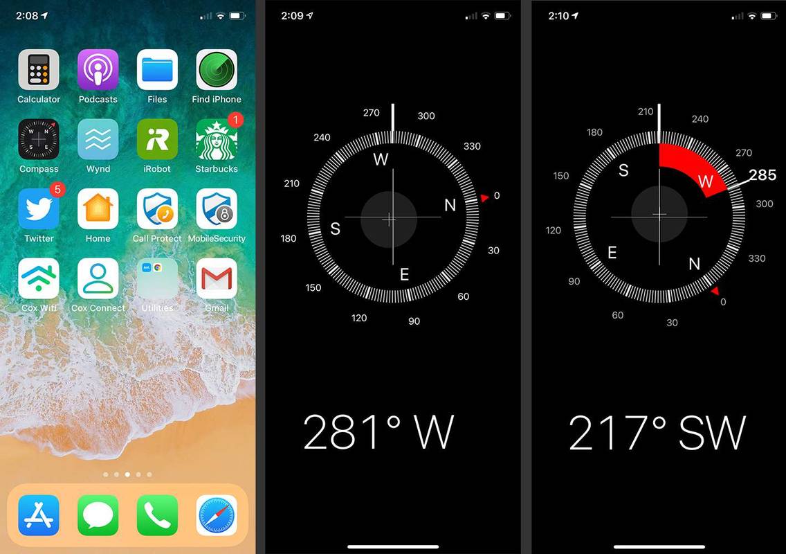 Obrazovky iPhone ukazující, jak vybrat a používat aplikaci Kompas