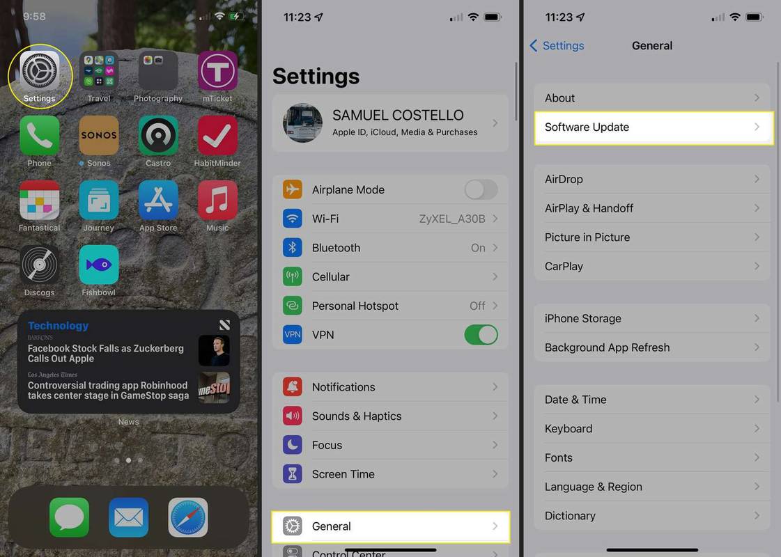 설정 앱, 일반 및 소프트웨어 업데이트가 강조 표시된 iPhone