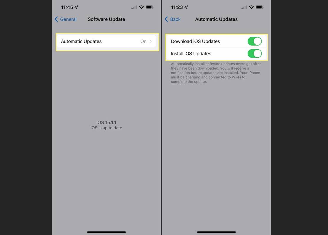 자동 업데이트가 켜져 있고 업데이트 옵션이 강조 표시된 iPhone 소프트웨어 업데이트 설정