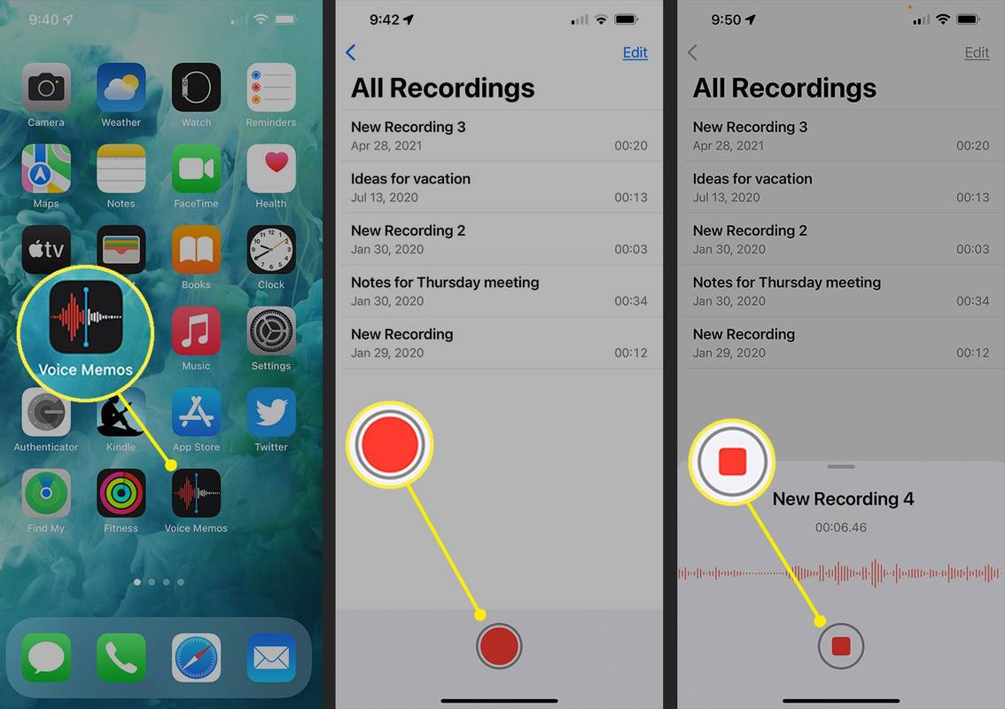 Aplikacija Voice Memos na iPhoneu prikazuje tipke za snimanje i zaustavljanje