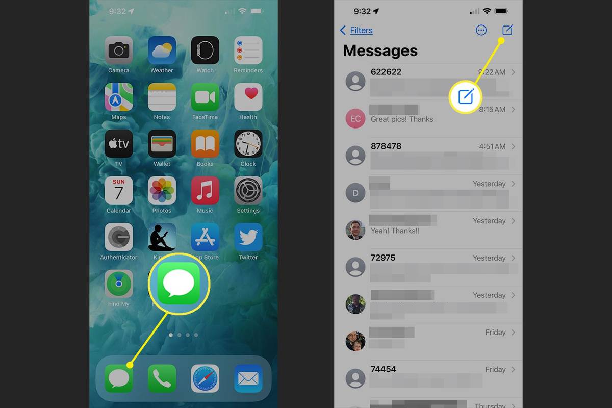 Ikona aplikácie Správy na iPhone so zvýraznenou ikonou Nová správa