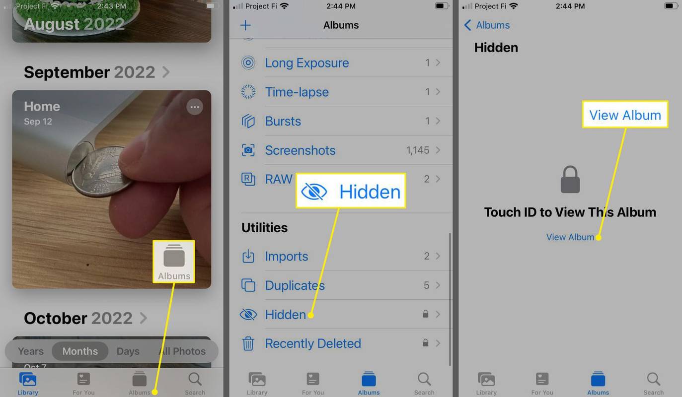 Ikona albumu, Skryté a Zobraziť album sú zvýraznené v uzamknutom skrytom albume pre iPhone