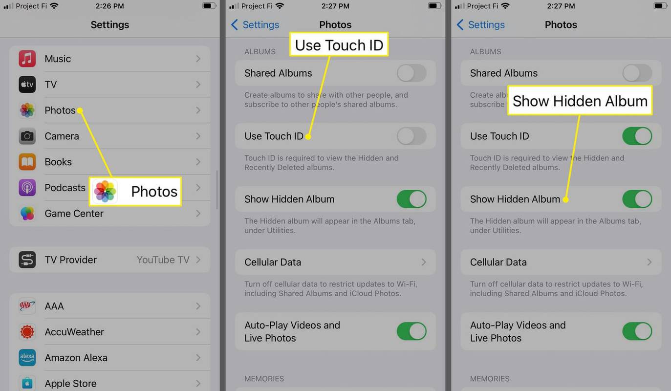 iOS 사진 설정에서 강조 표시된 사진, Touch ID 사용 및 숨겨진 앨범 표시