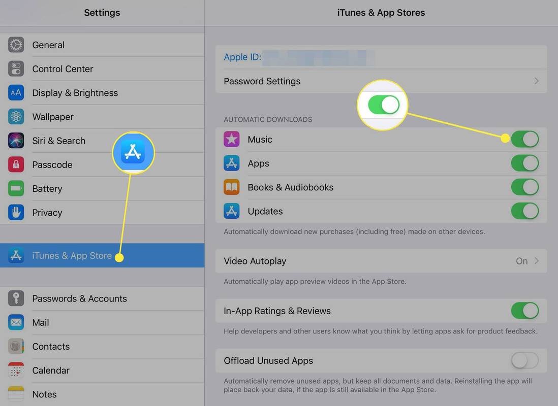 iTunes- en App Store-instellingen in iOS met een tuimelschakelaar gemarkeerd