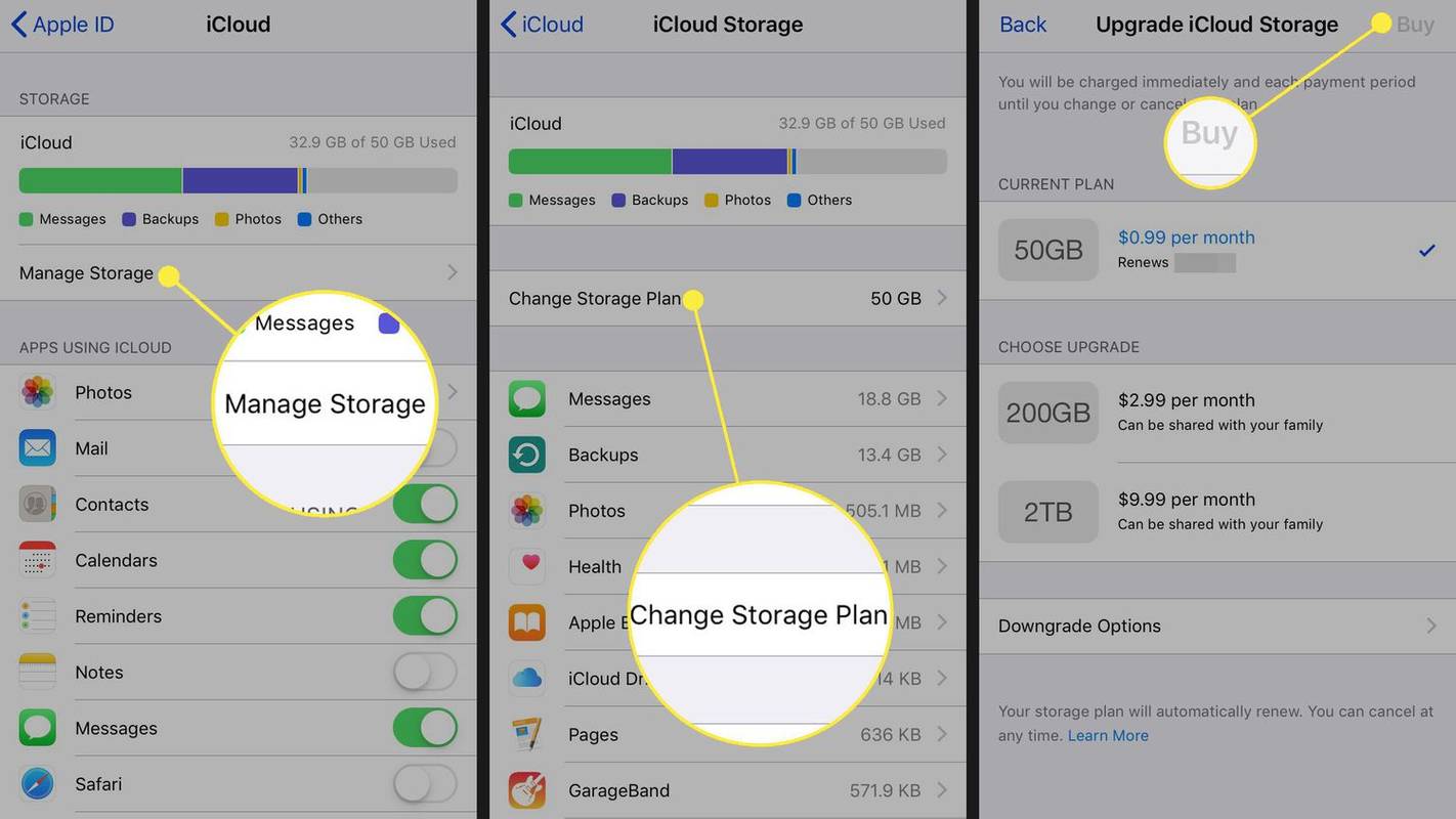 Gestisci lo spazio di archiviazione, modifica il piano di archiviazione e acquista in iCloud per iOS