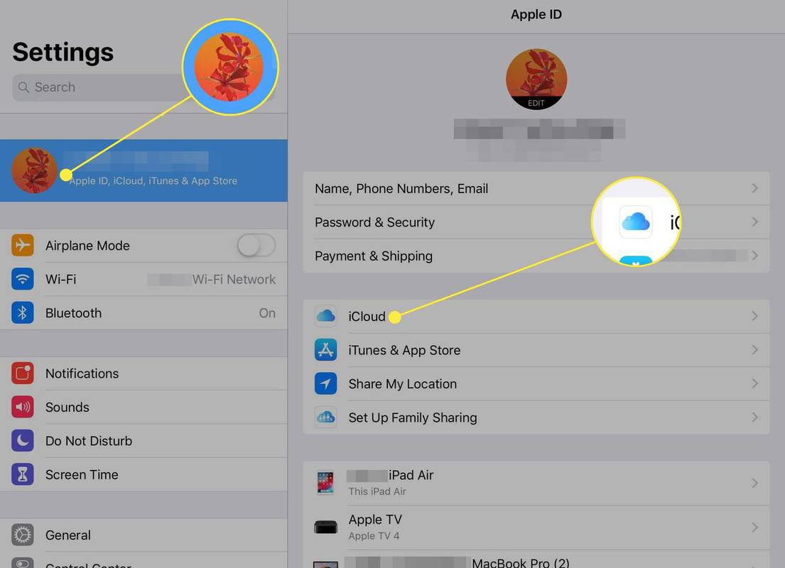 iPad-instellingen met account- en iCloud-secties gemarkeerd