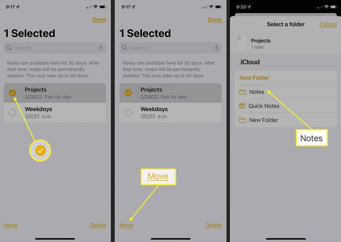 Aplikace iPhone Notes zobrazující cestu pro obnovení smazané poznámky