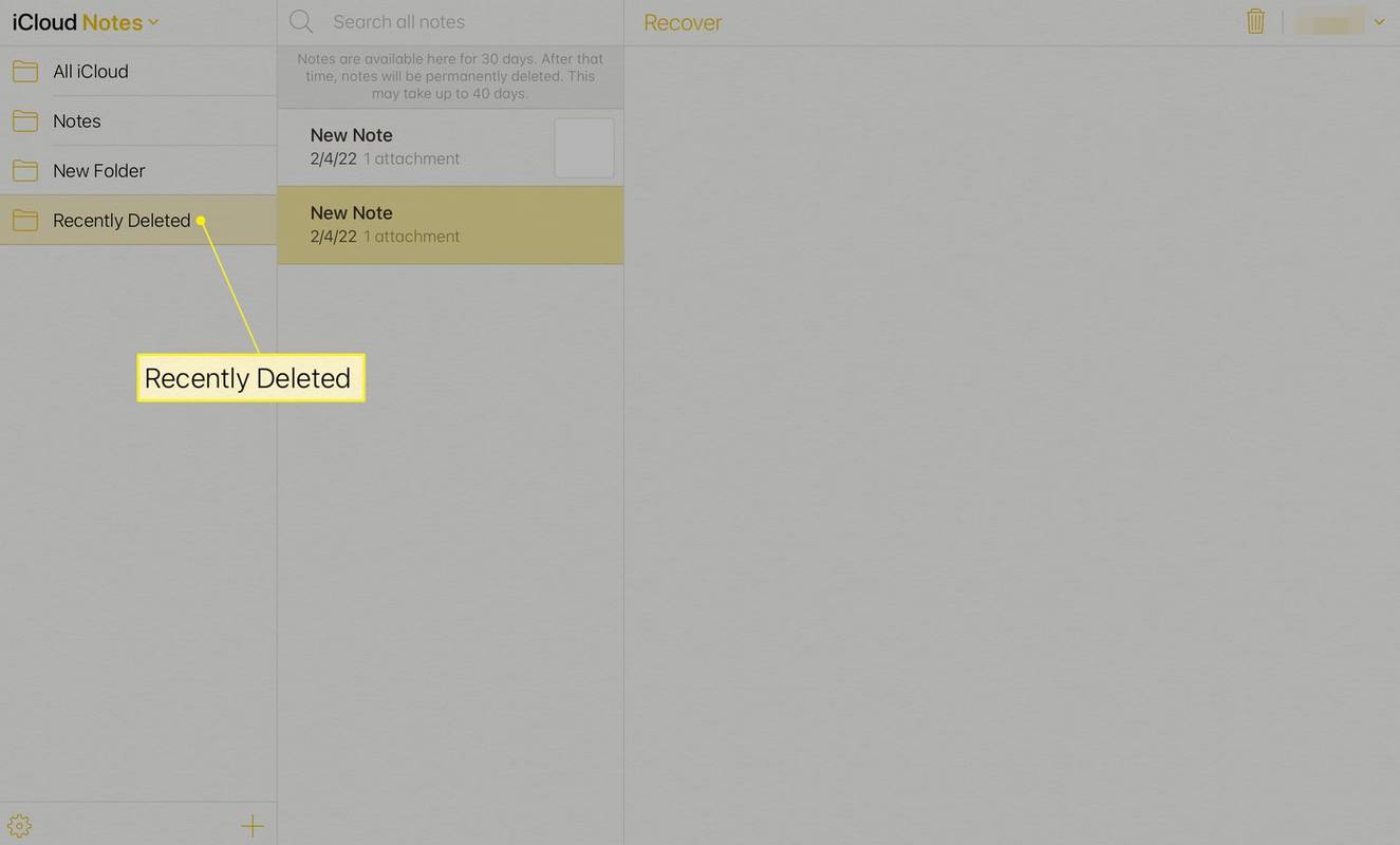 Η εφαρμογή iCloud Notes εμφανίζει την επιλογή Πρόσφατα διαγραμμένα