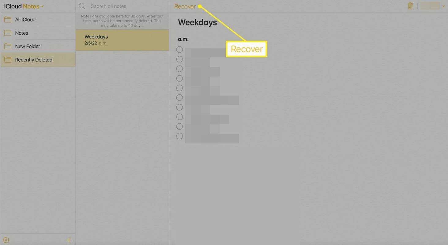 A Jegyzetek helyreállítási képernyője az iCloud.com webhelyen