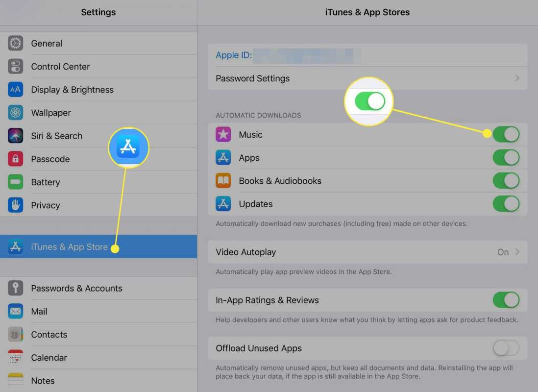 Paramètres iTunes et App Store dans iOS avec un interrupteur à bascule en surbrillance