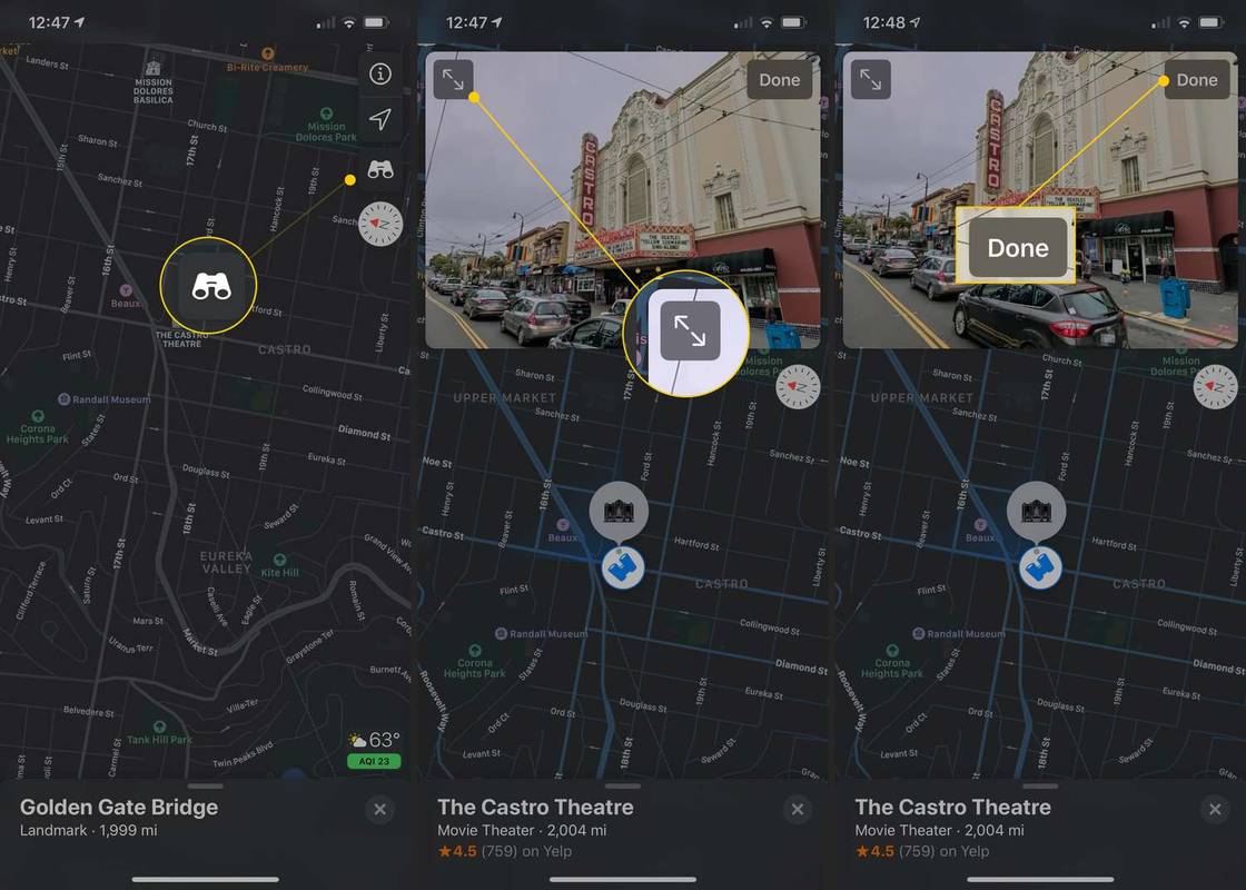 Verrekijkerpictogram, knop Uitvouwen, knop Klaar in Apple Maps Kijk rond