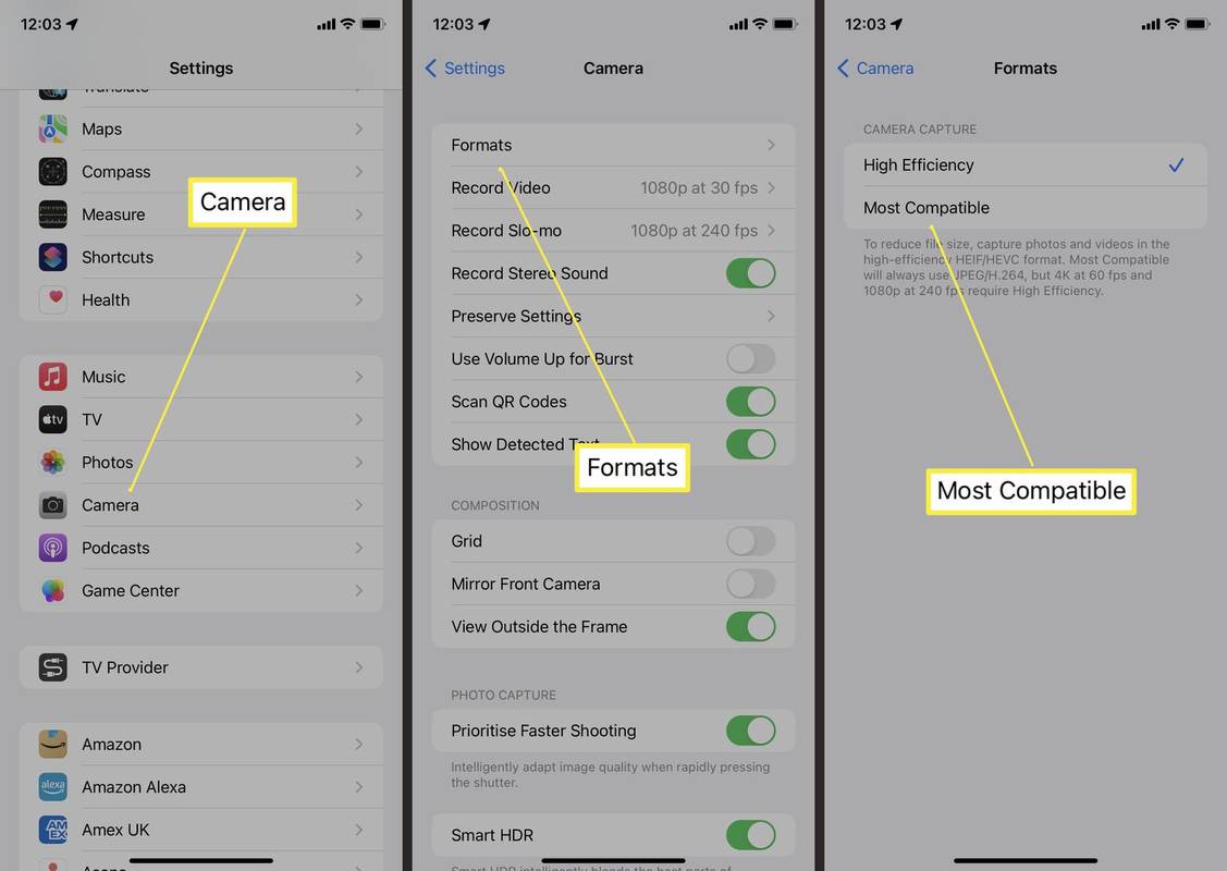 השלבים הנדרשים לשינוי הגדרות המצלמה ב-iOS כדי להפוך את הקבצים למתאימים ביותר (JPG).