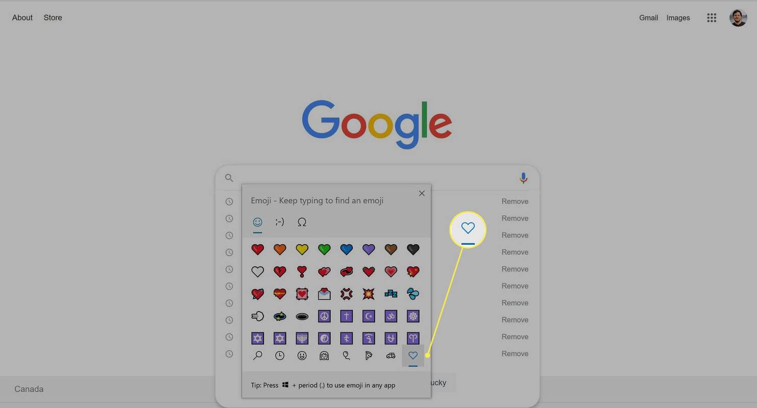 Izbiranje emojijev srca v sistemu Windows 10.