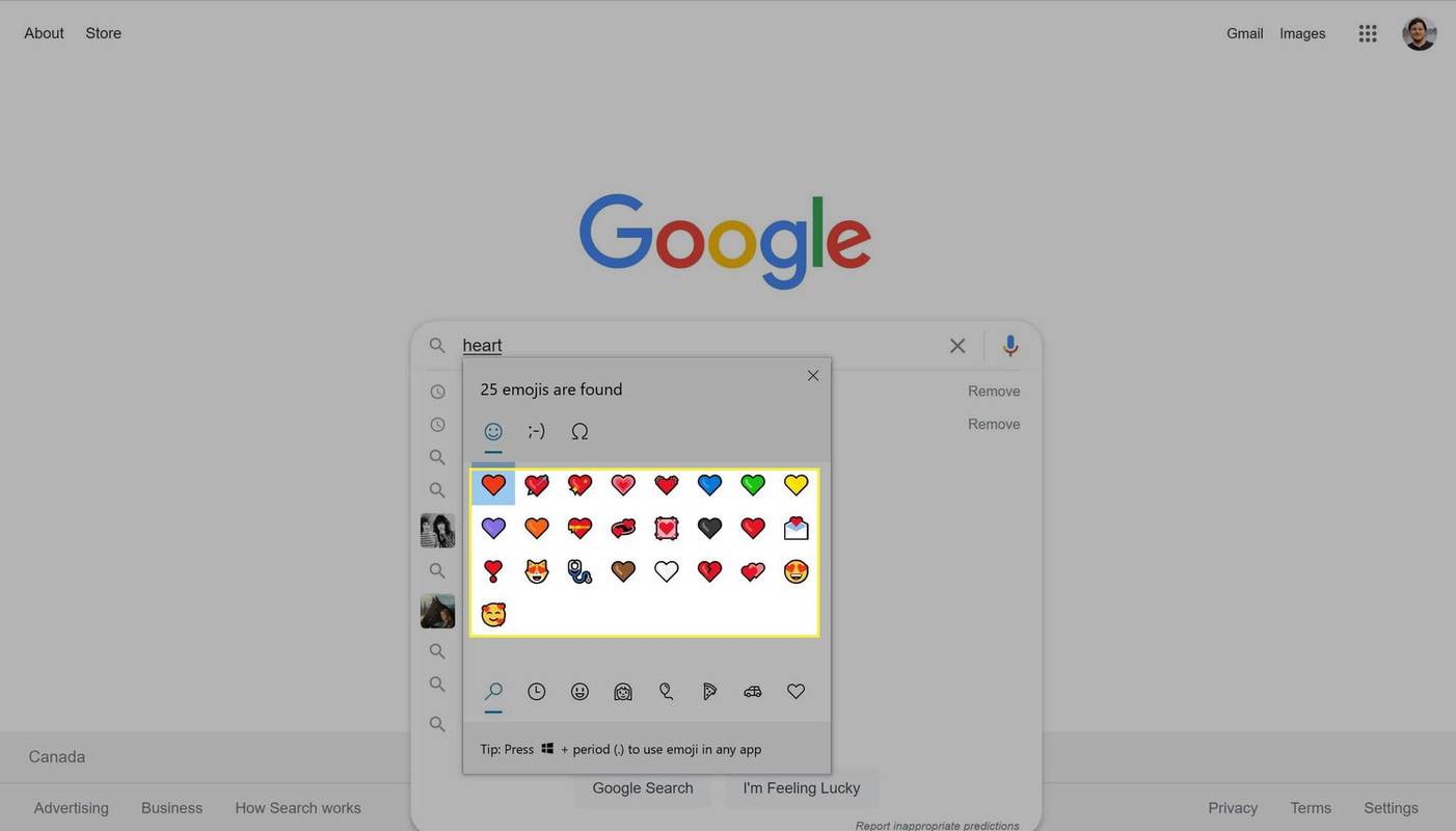 Söker efter hjärtsymboler i Windows 10 emoji-tangentbord.