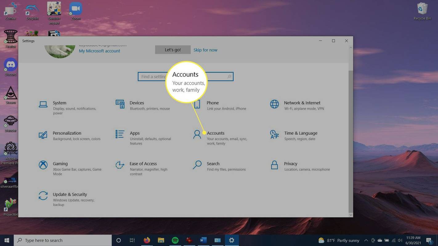 Mga setting ng Windows na nagpapakita ng opsyon sa mga account