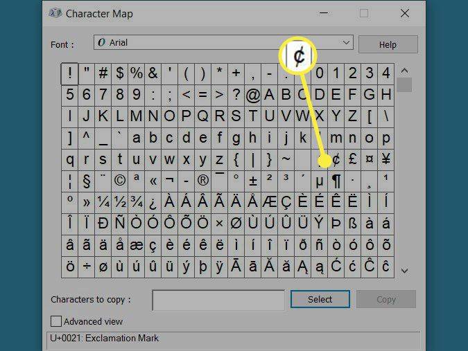Εικονίδιο Cent στον χάρτη χαρακτήρων στα Windows