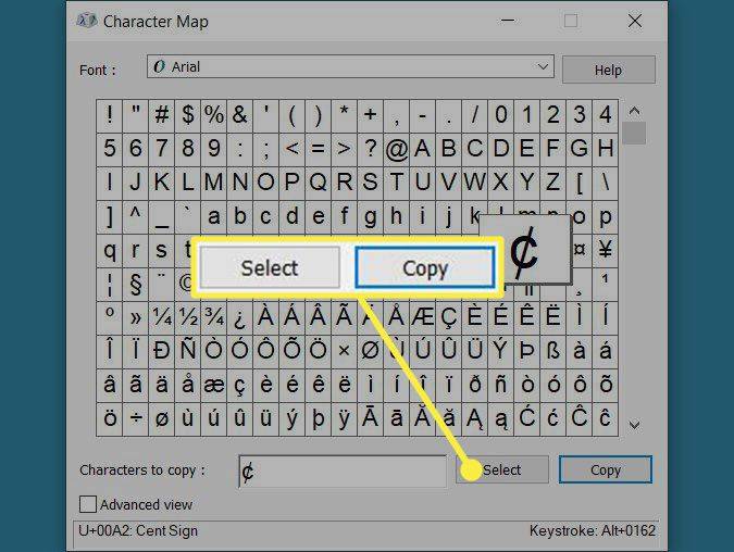 Velg og kopier i Windows Character Map