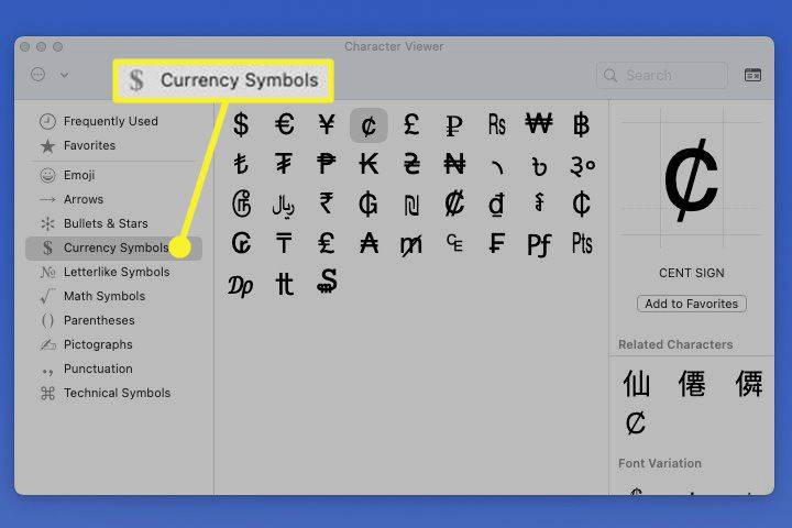 Symbole walut w przeglądarce znaków na komputerze Mac