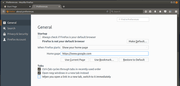 Pagina iniziale di Ubuntu MATE Firefox