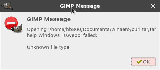 Chybová správa GIMP Webp