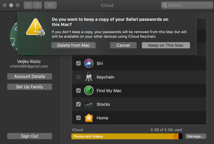 poista avaimenperä käytöstä Macissa