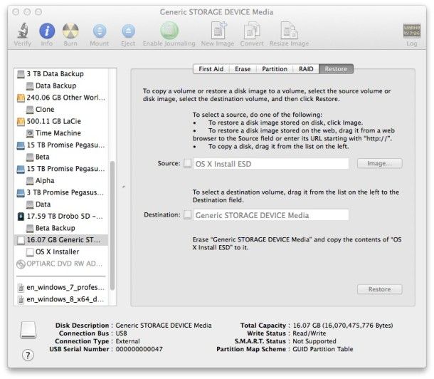 OS X 설치 프로그램 USB 생성