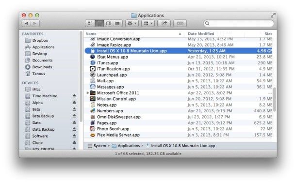 OS X 설치 프로그램 생성