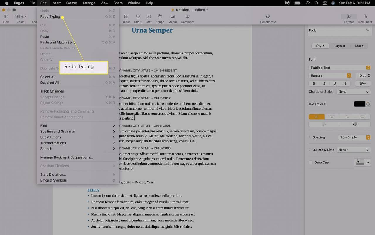 Redo Typing označeno v Pages v Macu.