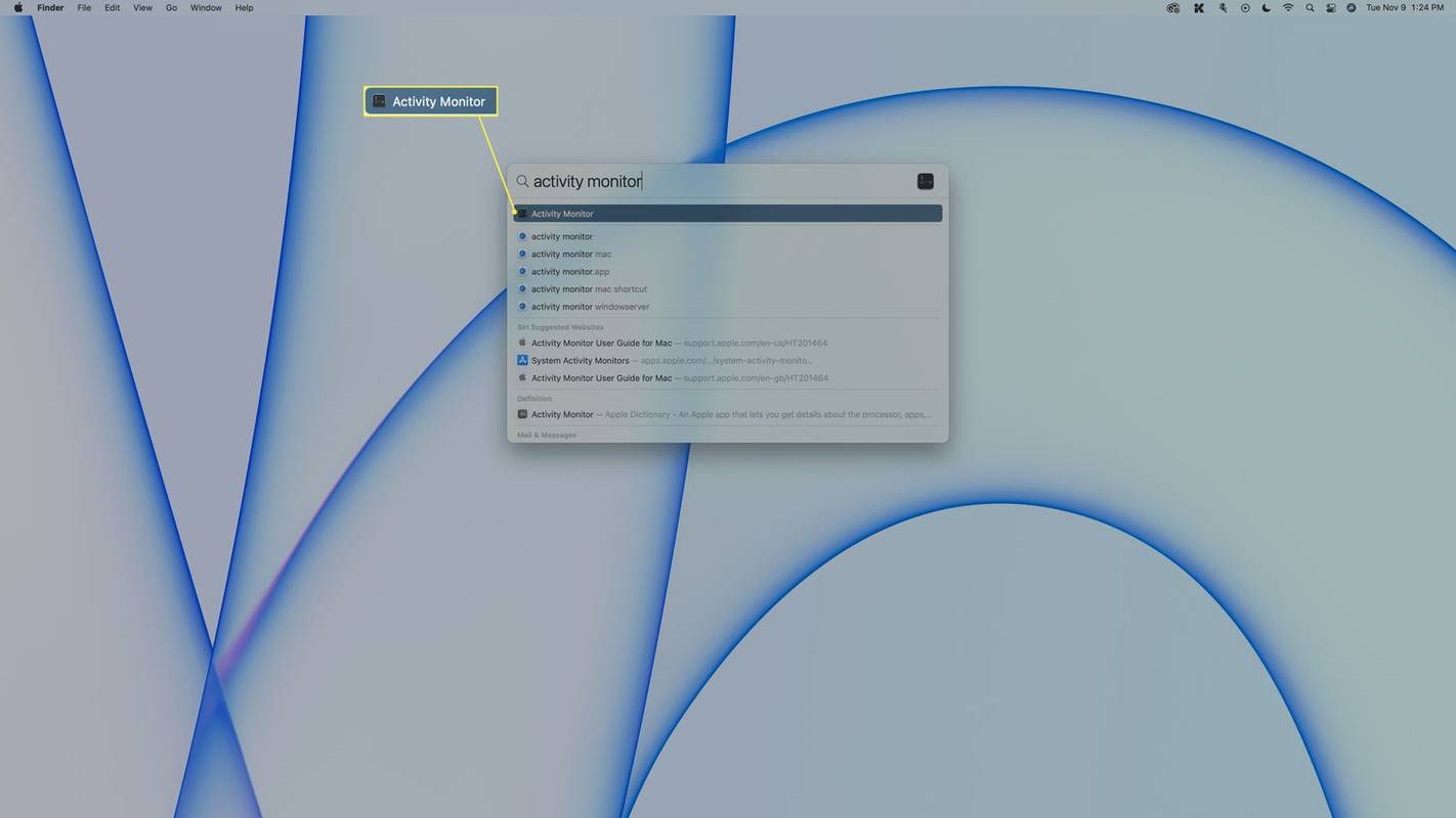 Activity Monitor korostettuna macOS Spotlightissa