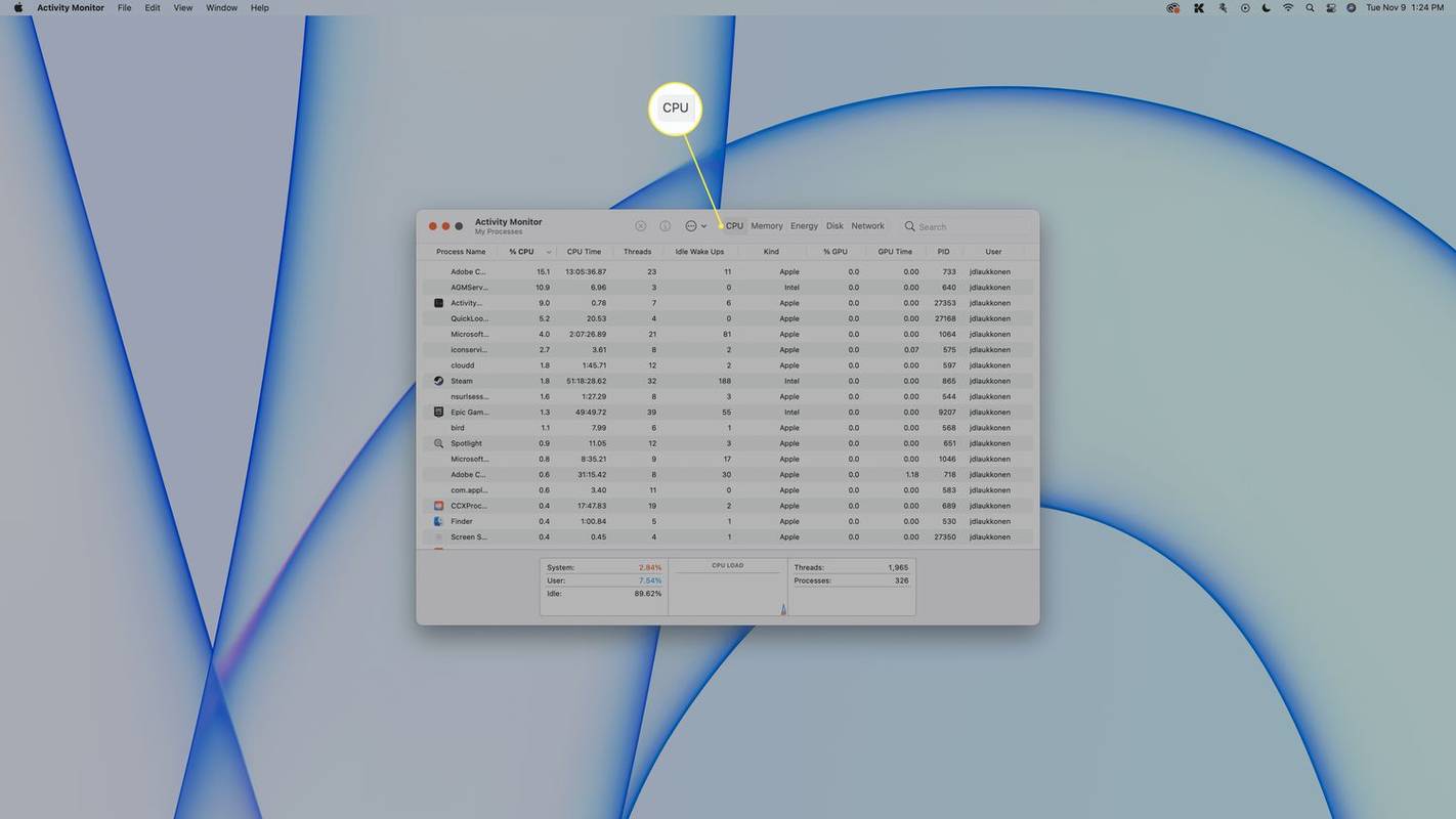 แท็บ CPU ที่ถูกไฮไลต์ใน Activity Monitor บน Mac